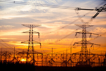 Pylon, high-voltage tower sky background.