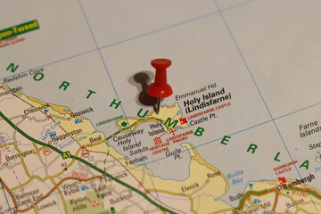 Holy Island, Northumberland, marked by a red pin on a map