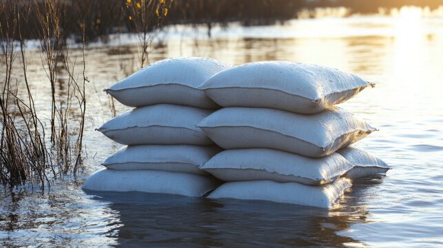 A stack of soft white pillows gently floating on the surface of calm water, reflecting the soft glow of sunlight