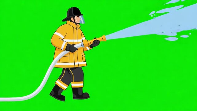 A firefighter on the move extinguishes a fire with a fire hose. Animation. Green screen, cartoon, video footage, mockup, looped video, chroma key.