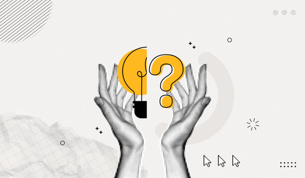 Trendy Halftone Collage Problem solving concept. Two hands hold lightbulb and question mark. Creative mind or brainstorm. Business solution. Ask for reply. Contemporary vector illustration art