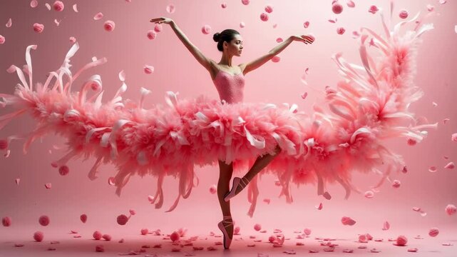 Ballerina's pointe shoe exploding into thousands of pink rose petals mid-pirouette, satin ribbons unwinding into flowing silk streams, each petal sharp and detailed in suspended motion