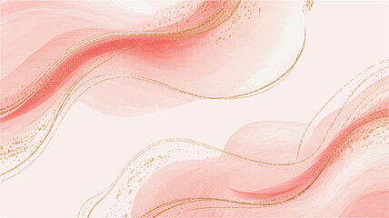 Elegant abstract background with soft pink watercolor strokes and shimmering gold lines, creating a luxurious and ethereal artistic design