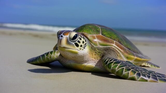 Sea Turtle on the Beach: Majestic Green Sea Turtle Resting on Sandy Shore