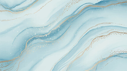 Abstract background with soft blue and white watercolor waves, ethereal flowing ink textures, and shimmering gold accents, creating a luxurious and elegant fluid art design