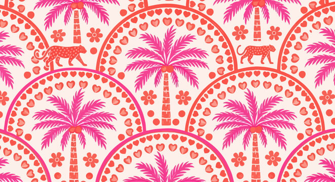 Vibrant Tropical Pattern Featuring Palm Trees and Animals in a Repeating Design
