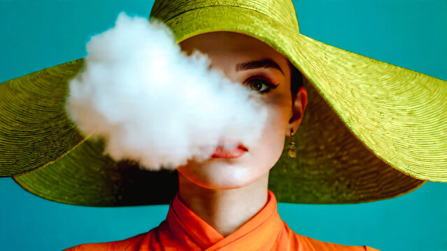 Femme avec chapeau de paille et fum&eacute;e sortant de la bouche
