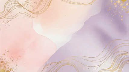 Abstract watercolor background with delicate gold swirls and glitter accents