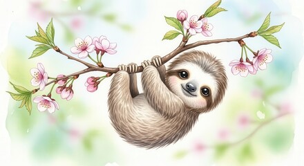 Obraz premium Adorable baby sloth hangs from a flowering tree branch in soft pastel colors