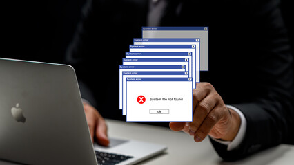Conceptual image of a professional facing multiple cascading system error windows and a file not...