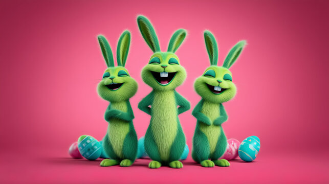 Easter party: Easter bunnies dancing surrounded by colorful Easter eggs, an animated video for greeting cards, festive events, and Easter celebrations.	