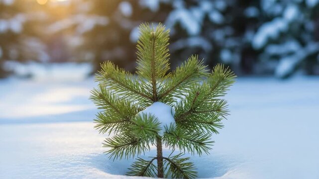 A solitary young pine tree sapling covered in fresh snow during a cold winter day. Beautiful nature background with a warm sunset glow and blurred forest scenery