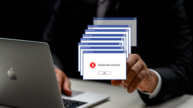 Conceptual image of a professional facing multiple cascading system error windows and a file not found message, representing cybersecurity threats, data loss, and computer system failure