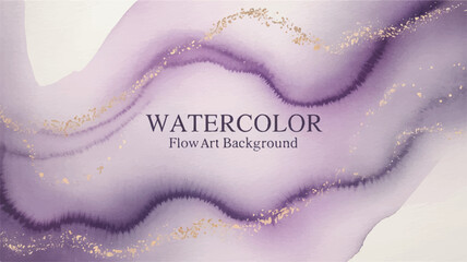 Abstract soft ethereal watercolor background with flowing purple and lavender waves, delicately shimmering with golden accents