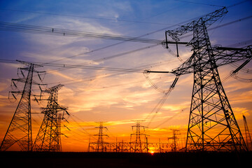 Pylon, high-voltage tower sky background.