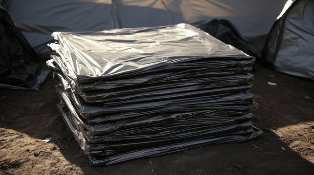 A stack of sturdy black plastic sheeting cut into manageable sizes and neatly piled for storage