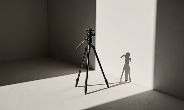 Monopod Standing Alone. A single, slender camera monopod is balanced and standing perfectly upright on its small base