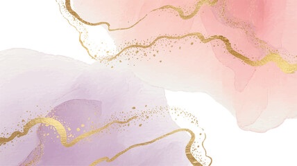 Soft ethereal watercolor background with delicate gold accents, blending pink and purple hues for an artistic and luxurious texture