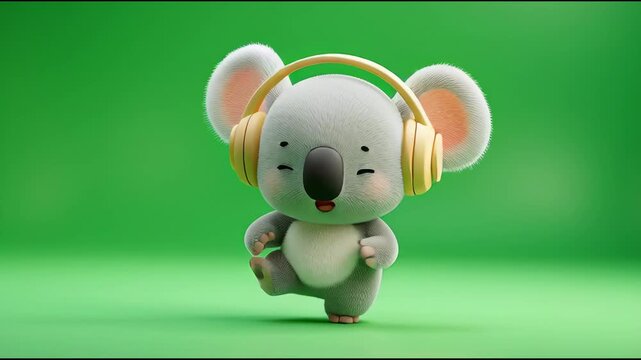 Cute cartoon koala wearing headphones, listening to music and dancing happily on a green background