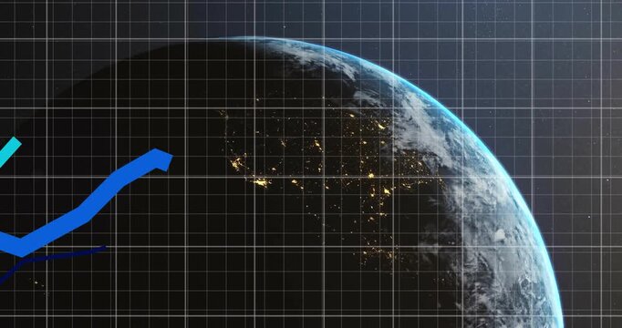 Animation of growing graphs, grid pattern over globe against sun in space