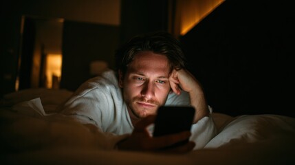 Fototapeta premium A man in a white robe is lying in bed, intently focused on his phone screen in a dimly lit room, conveying a sense of contemplation.