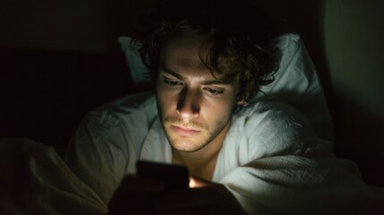 Obraz premium A young man is in bed, illuminated by the light of his smartphone, showcasing a moment of focus and contemplation in a dimly lit room.