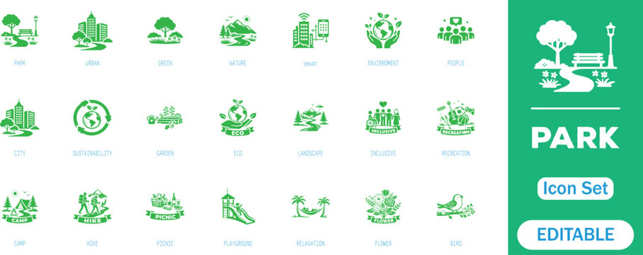 Park icon set. featuring nature, recreation, camping, hiking, playground, picnic, landscape, forest, relaxation and more icons. perfect vector icon collection