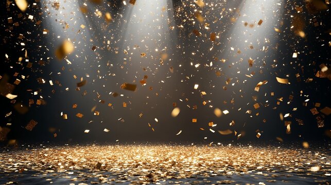 A dark stage with gold confetti falling from the ceiling and spotlights shining down