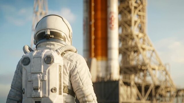 Astronaut in white space suit walking toward a rocket on a launchpad under a clear sky, preparing for mission launch and space exploration for scientific research