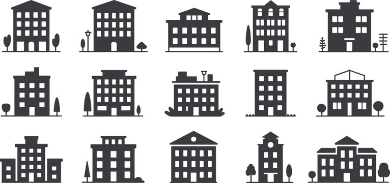 Building silhouette collection, urban architecture, residential icons, apartment vector, institutional structures, black illustration, cityscape design, minimal style, tree elements, suburban layout