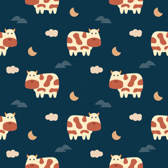 Cow cartoon so cute. On mountain cloud moon blue background. Pattern seamless vector illustration. 