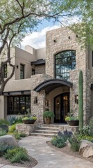 Naklejka premium Exterior View of Two Story Stone House with Arched Windows and Manicured Landscaping Under Bright Blue Sky on Sunny Day in Desert Environment