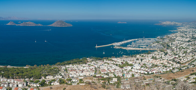 Top view of Turgutreis holiday town. Bodrum peninsula. Mugla city, Turkey country.