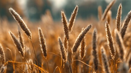 Obraz premium Golden grass sways gently in the breeze, illuminated by warm sunlight, creating a serene and tranquil landscape.