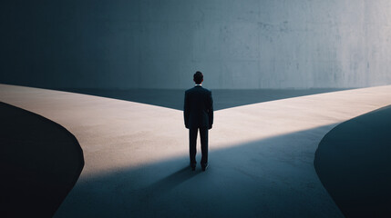 Obraz premium A powerful conceptual image of a businessman in a suit seen from behind, standing at a Y-shaped crossroads, symbolizing career decisions, future planning, and strategic leadership.