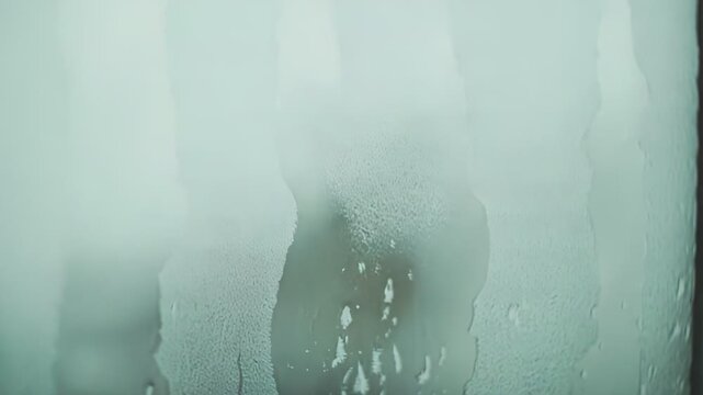 Water droplets with varying sizes accumulating and flowing down a condensed clear surface, creating a dynamic textured background with a soft, muted color palette