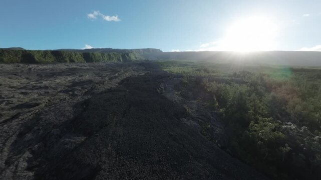 Aerial view of stark black lava fields meeting vibrant green vegetation under the bright sunlight, Saint Benoit, Canton de Saint-Benoit-2, Reunion.