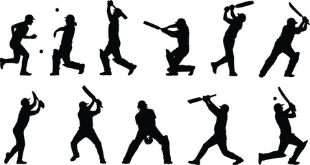 Cricket action silhouette set, batting, bowling, fielding, wicket-keeping poses, black vector icons, sports motion, athlete illustration, dynamic design