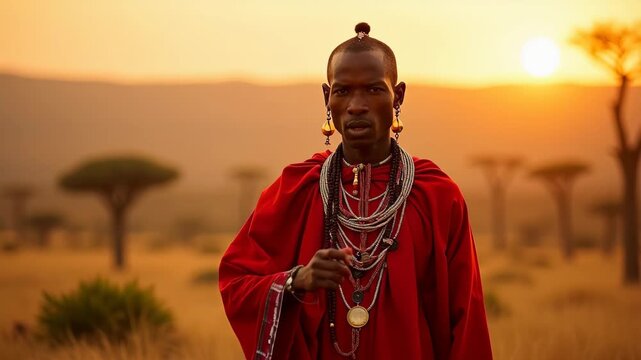 Maasai warrior in traditional red shuka cloth and beaded jewelry standing in East African savanna, authentic cultural dress and ornaments, golden sunset over acacia trees