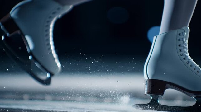 Close-up of a figure skater's white ice skate gliding on the rink, creating splashes of ice. The scene captures the essence of winter sports competitions in Italy.