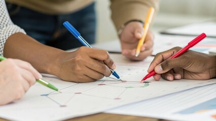 Naklejka premium Collaborative hands sketching diagrams with colorful pens on a large paper, emphasizing teamwork and creativity.