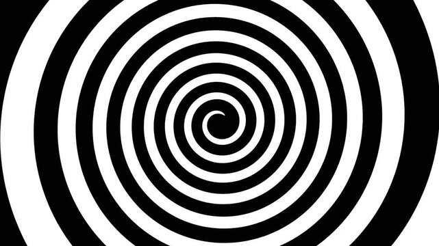 Black and white classic hypnotic spiral graphic animation. Circular spinning rotating swirl, hypnotism aid or background for confusion or mystery.