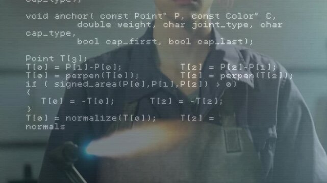 Welder welding metal with torch at chest height, overlaying code lines for industrial tech