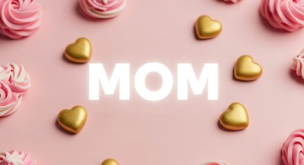 Obraz premium Mother's day celebration with pink frosted cupcakes and gold hearts