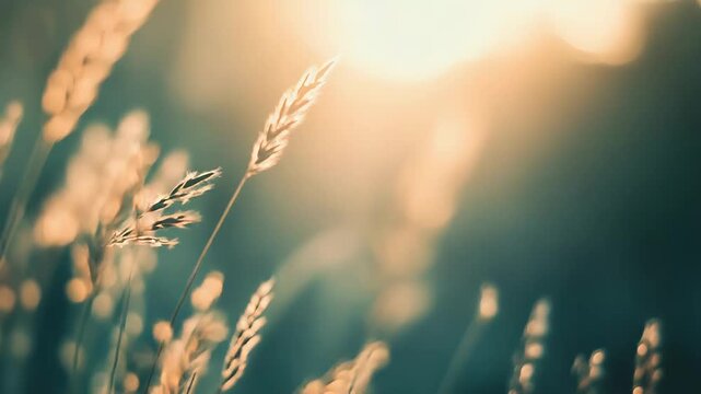Wild grass and dried spikes capturing warm light and glowing in a soft blurred bokeh background, creating a serene and peaceful mood reflecting natural beauty and growth