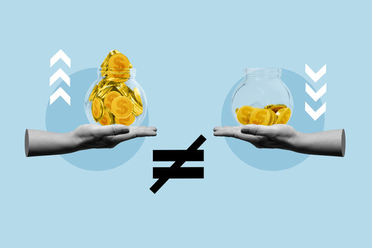 A conceptual digital collage representing the wealth gap and financial inequality using hands holding jars with different amounts of gold coins and a not equal sign on a blue background