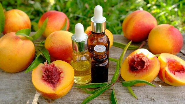 Peach kernel oil and supplements. Selective focus.