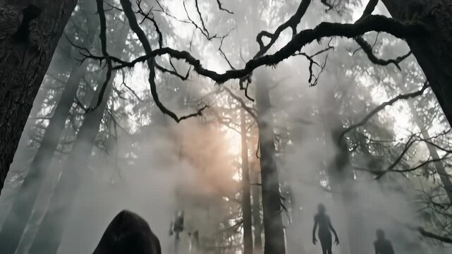 Hooded figure with lantern explores misty forest path. Shadowy apparitions emerge from fog among trees. Eerie nighttime woodland mystery concept.