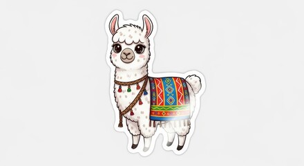 Obraz premium Adorable cartoon white animal with colorful woven textile decoration stands isolated on white background