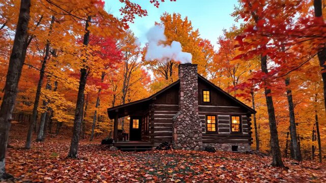 Rustic log cabin nestled in autumn forest. Vibrant orange leaves frame cozy woodland home. Smoke rises from chimney with warm window glow. Cabincore nature retreat and seasonal escape concept.